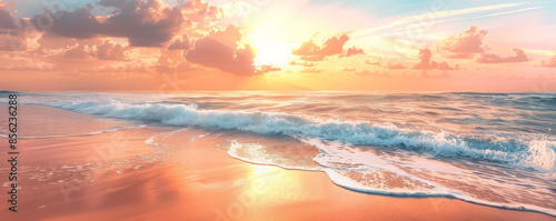 A serene beach sunset background with warm orange and pink hues, gentle waves, and textured sand. The peaceful, picturesque view creates a relaxing, tranquil scene.