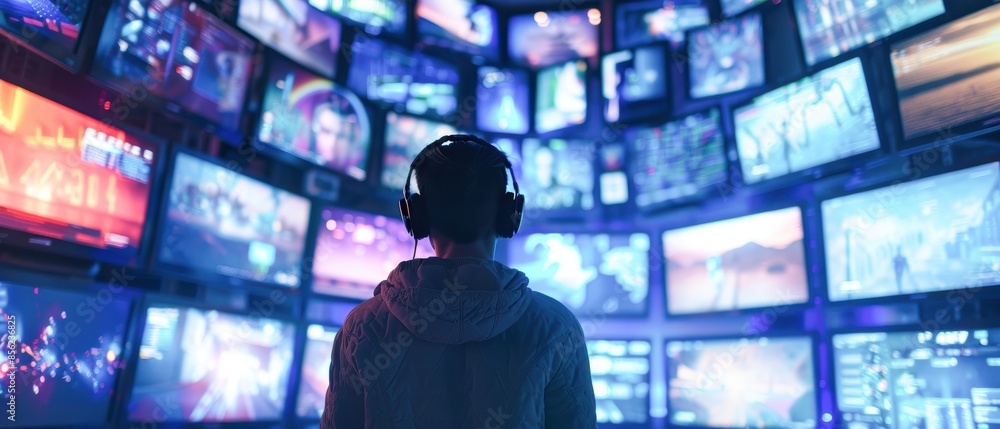 Person surrounded by numerous screens showing social media updates, news articles, and messages, highlighting digital information overload Person surrounded by numerous screens showing social media updates, news articles, and messages, highlighting digital information overload