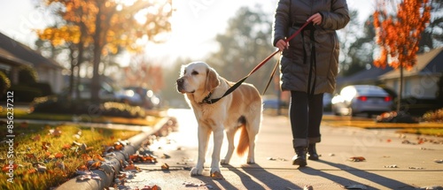 Visually impaired person with guide dog and white cane, exploring a serene suburban street with confidence and safety photo