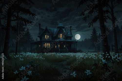 Fototapeta Naklejka Na Ścianę i Meble -  A haunted house in the middle of jungle at halloween night and a big moon in the sky creates a scary horror scene.