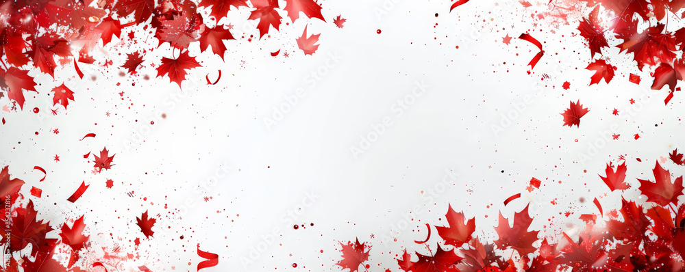 Canada Day background with a festive border of maple leaves and confetti, leaving space in the center for text. Canada Day background with a festive border of maple leaves and confetti, leaving space in the center for text.