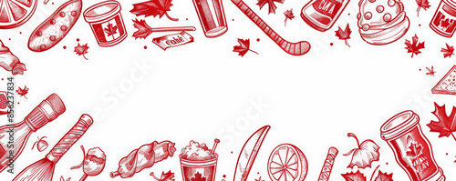 Canada Day background with a festive, hand-drawn style featuring iconic Canadian symbols like hockey sticks and poutine. photo