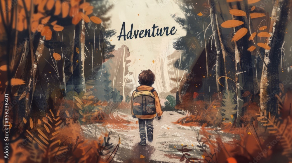 Obraz premium Child's adventure in autumn forest. Captivating illustration of a child walking through an autumn forest with a backpack, surrounded by falling leaves.