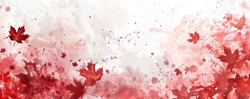 Fototapeta premium Canada Day background with an artistic watercolor style featuring red and white splashes and maple leaves.