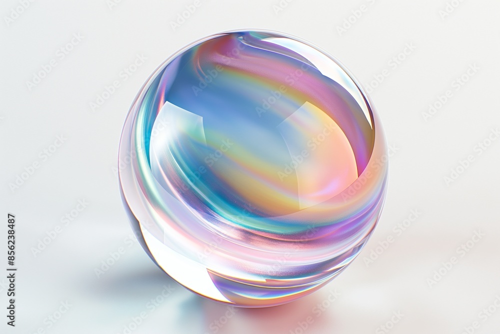 3D rendering of an iridescent glass sphere floating on a pristine white background, showcasing shimmering colors and reflections