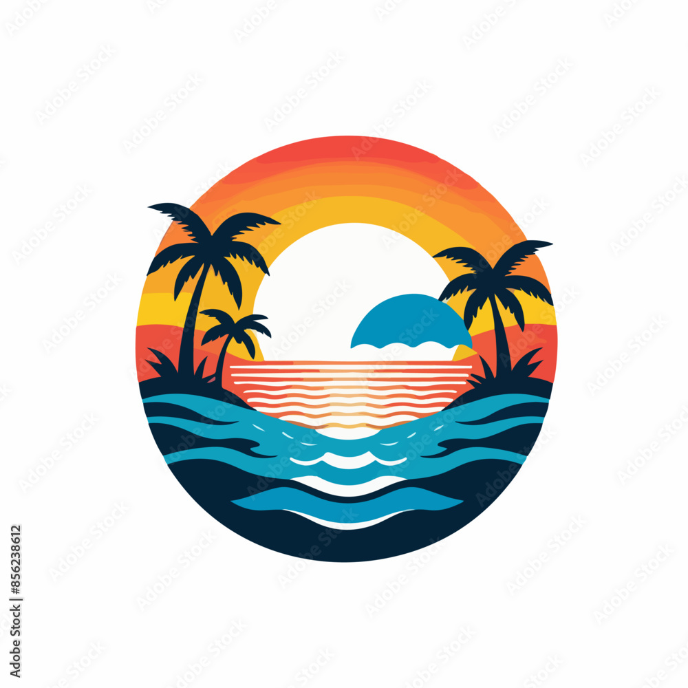 Obraz premium Tropical Beach Sunset Logo Illustration