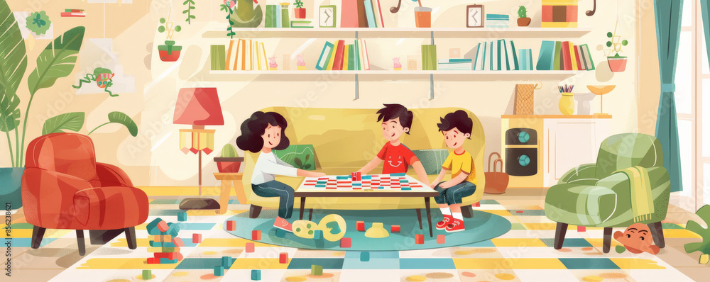 Children's Day background featuring kids playing board games, vibrant game pieces, a cheerful living room setting with a background of shelves, books, and playful decor. Children's Day background featuring kids playing board games, vibrant game pieces, a cheerful living room setting with a background of shelves, books, and playful decor.
