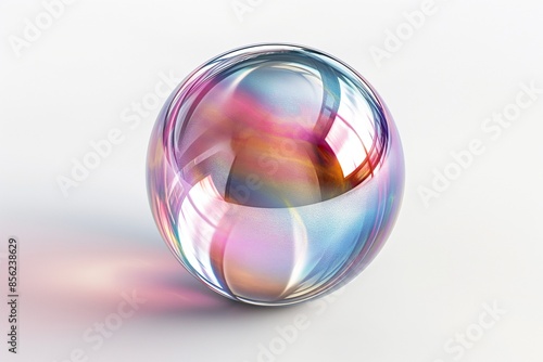 3D rendering of an iridescent glass sphere floating on a pristine white background, showcasing shimmering colors and reflections © logopiks