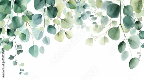 Watercolor illustration of eucaliptus green leaves over white background