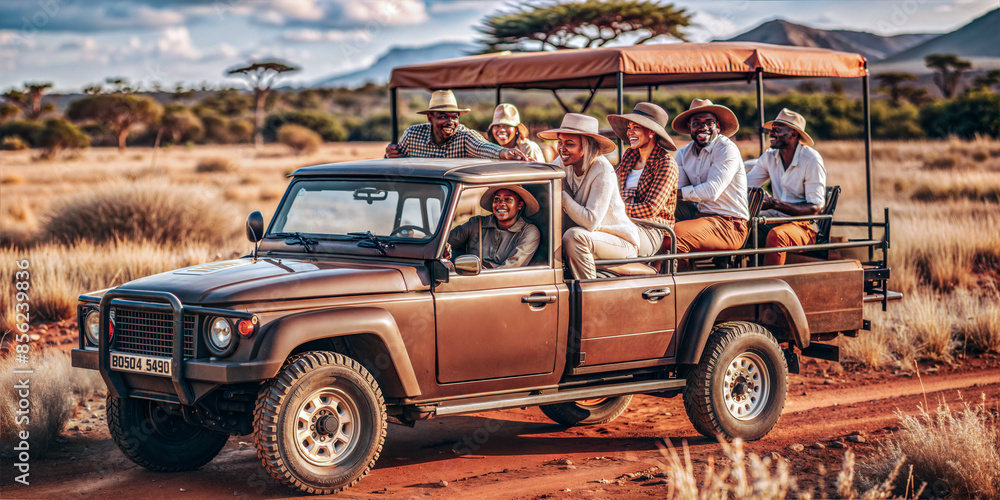 Fototapeta premium Group on safari vehicle exploring African savanna