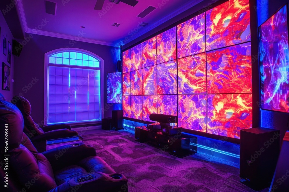 A home theater with a wall that can change colors and patterns to match the movie or mood, creating an immersive viewing experience. A home theater with a wall that can change colors and patterns to match the movie or mood, creating an immersive viewing experience.