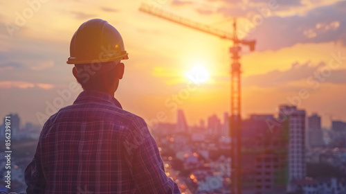 Construction worker in hard hat looks out at a city skyline during sunset, a crane in the background