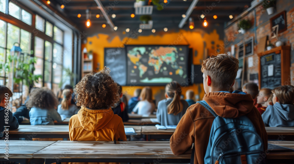 A classroom filled with students focused on a large world map projected on the screen. The bright, modern space and diverse group of learners illustrate the importance of education A classroom filled with students focused on a large world map projected on the screen. The bright, modern space and diverse group of learners illustrate the importance of education
