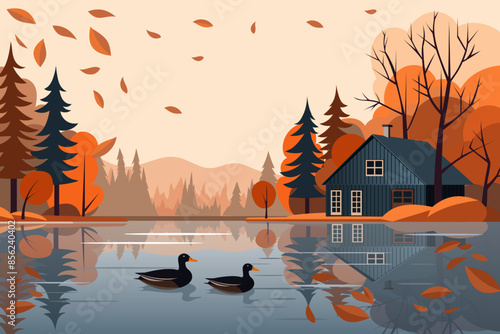 Beautiful autumn landscape with a house by the lake against the backdrop of forest and mountains. Vector illustration of autumn lake, forest, house, flying leaves, ducks, hills, trees and beautiful cl