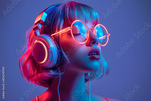 Portrait of a young girl with round glasses and earphones, listening to music and closing her eyes. Purple backgound