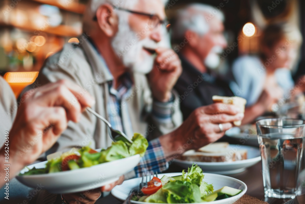 Group of senior friends enjoying healthy meal and conversation in restaurant Group of senior friends enjoying healthy meal and conversation in restaurant