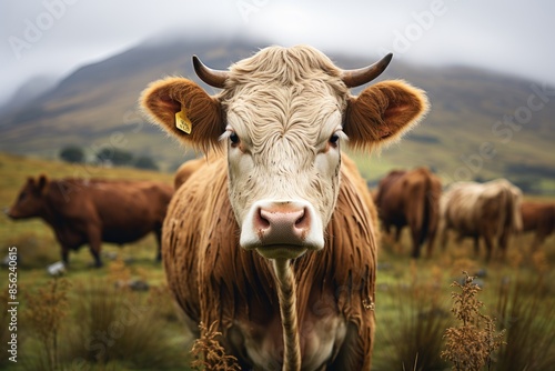 Quiet cow in the green field with mountains in the background., generative IA © JONATAS