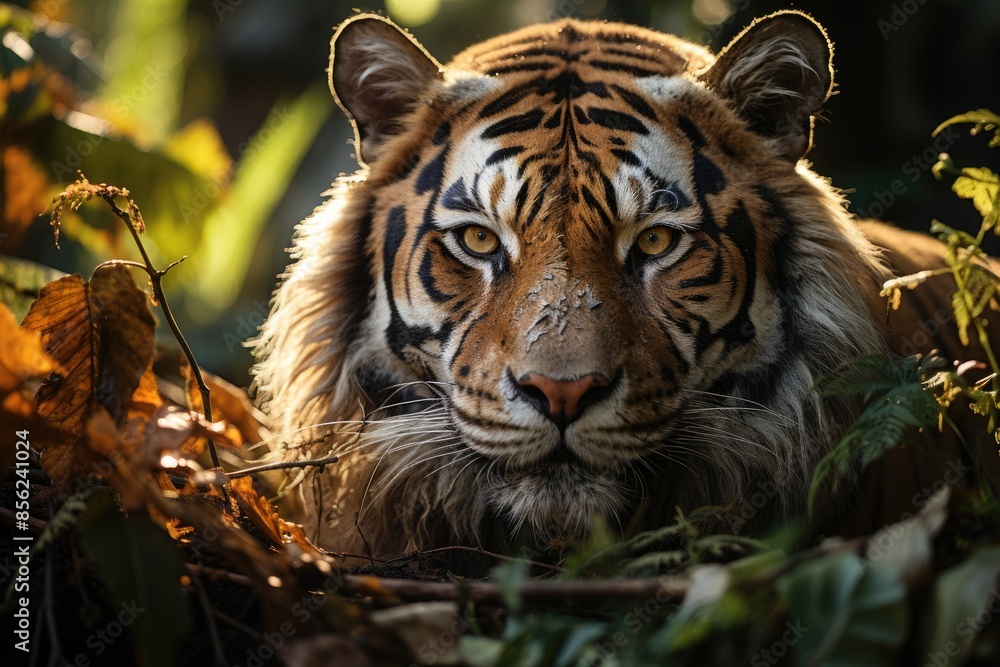 Tiger rests on the golden jungle, penetrating eyes. Old ruins in the background., generative IA Tiger rests on the golden jungle, penetrating eyes. Old ruins in the background., generative IA