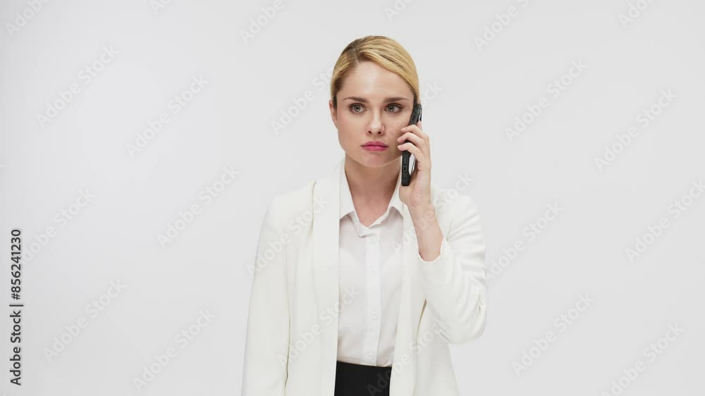 Angry irritated business young woman talking emotionally on a cell phone. A business blonde director scolds her subordinate on the phone on a white background. Angry irritated business young woman talking emotionally on a cell phone. A business blonde director scolds her subordinate on the phone on a white background.