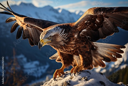 Majestic gold eagle flying over forest, holding snake in the claws. Power and freedom., generative IA photo