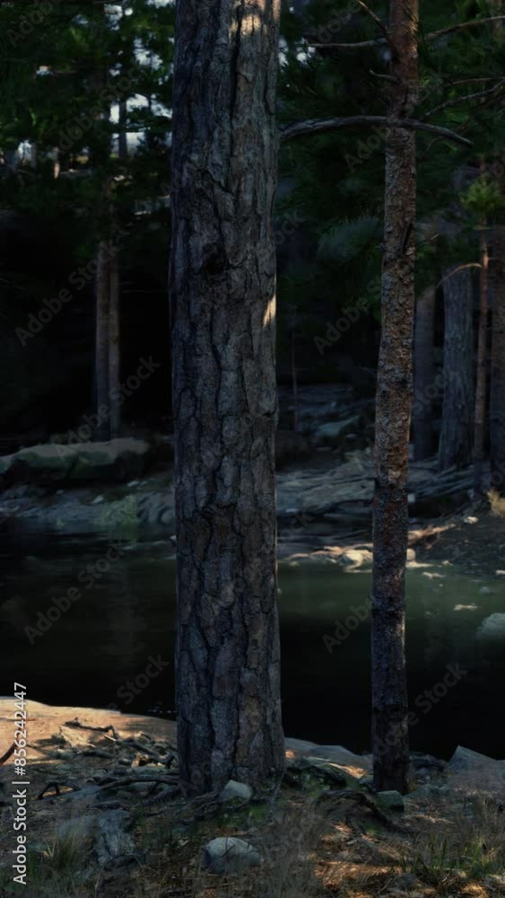 Tall trees flank a gently flowing stream in a forest as dusk settles. Tall trees flank a gently flowing stream in a forest as dusk settles.