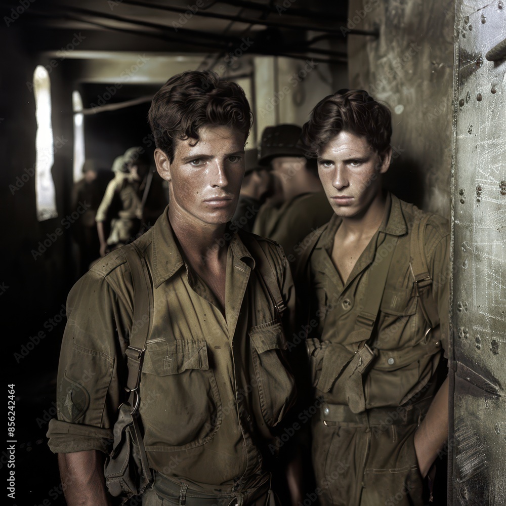 Fototapeta premium two soldiers stand in a hallway with a door