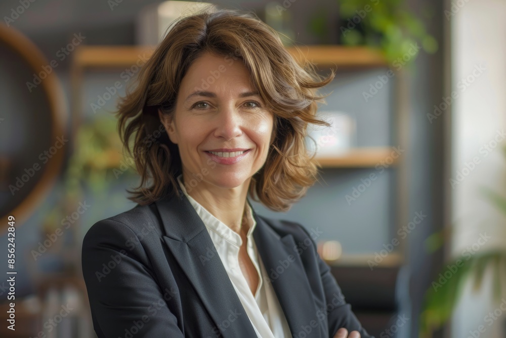 Fototapeta premium Confident professional woman in power suit smiling indoors.