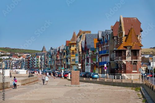 Colorful half-timbered townhouses on the Esplanade du Général Leclerc along the beach of Mers-les-Bains photo