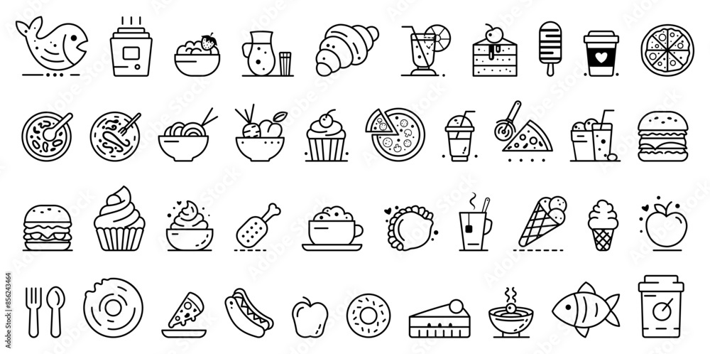Various food and beverage icons set on a white background. Vector illustration Various food and beverage icons set on a white background. Vector illustration