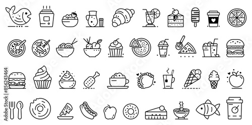 Various food and beverage icons set on a white background. Vector illustration
