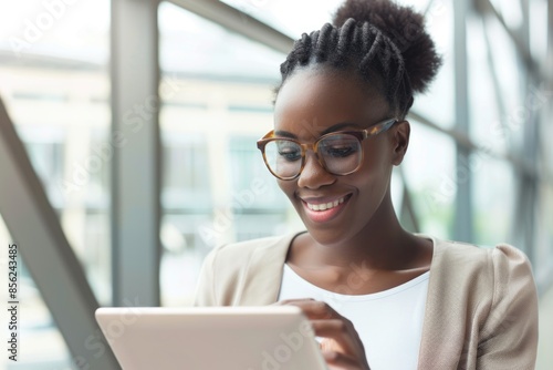 Happy african american businesswoman using digital tablet over light background copy space Free Download Happy african american businesswoman using digital tablet over light background copy space - GFXLoad
