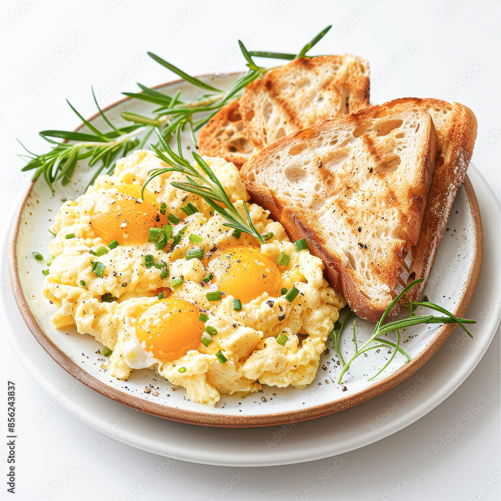 Delicious Scrambled Eggs and Toast Breakfast on White Plate Delicious Scrambled Eggs and Toast Breakfast on White Plate