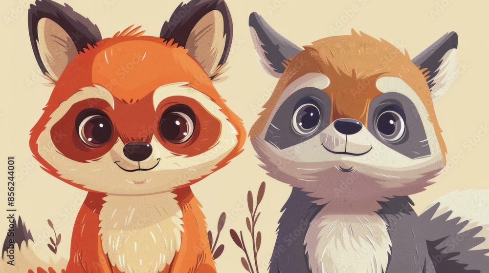 Fototapeta premium Cute fox and raccoon best friends. Adorable illustration of a friendly fox and raccoon, perfect for children's books, greeting cards, and nature-themed designs.