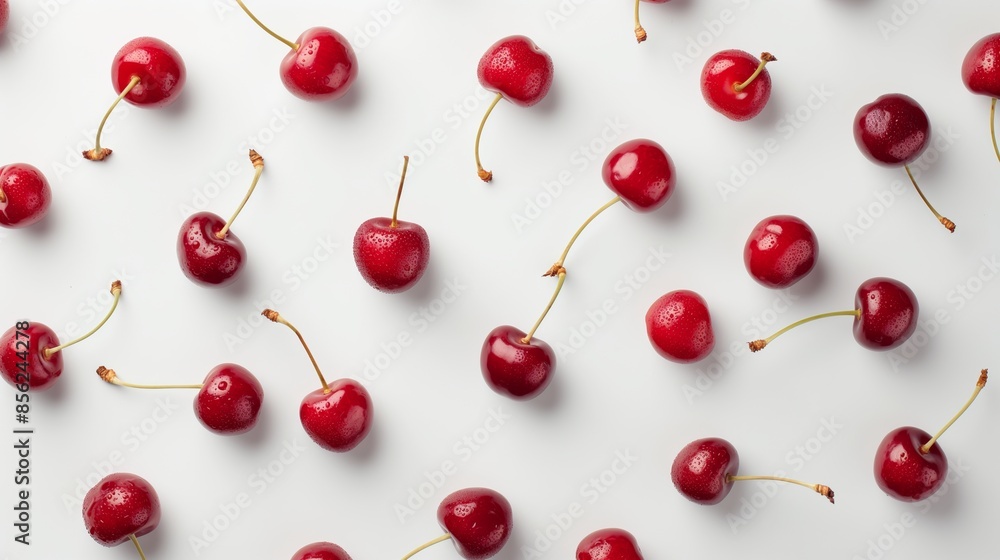 A collection of vibrant red cherries scattered playfully across a pristine white surface. A collection of vibrant red cherries scattered playfully across a pristine white surface.