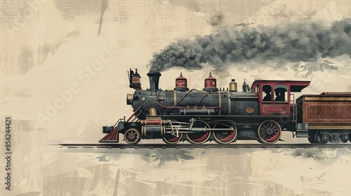 Vintage steam train illustration. Classic steam train engine and passenger car illustration on antique paper texture background.