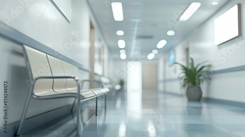 Empty hospital corridor with waiting chairs. Bright, clean, and empty hospital corridor with waiting chairs and a plant, conveying a sense of calm and sterility.