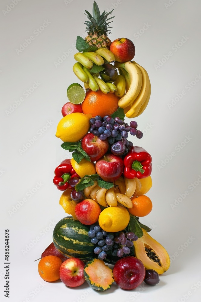 Tower of various fresh fruits including bananas, oranges, apples, and grapes artistically arranged in a tall stack on a neutral background, showcasing a colorful and balanced diet Tower of various fresh fruits including bananas, oranges, apples, and grapes artistically arranged in a tall stack on a neutral background, showcasing a colorful and balanced diet