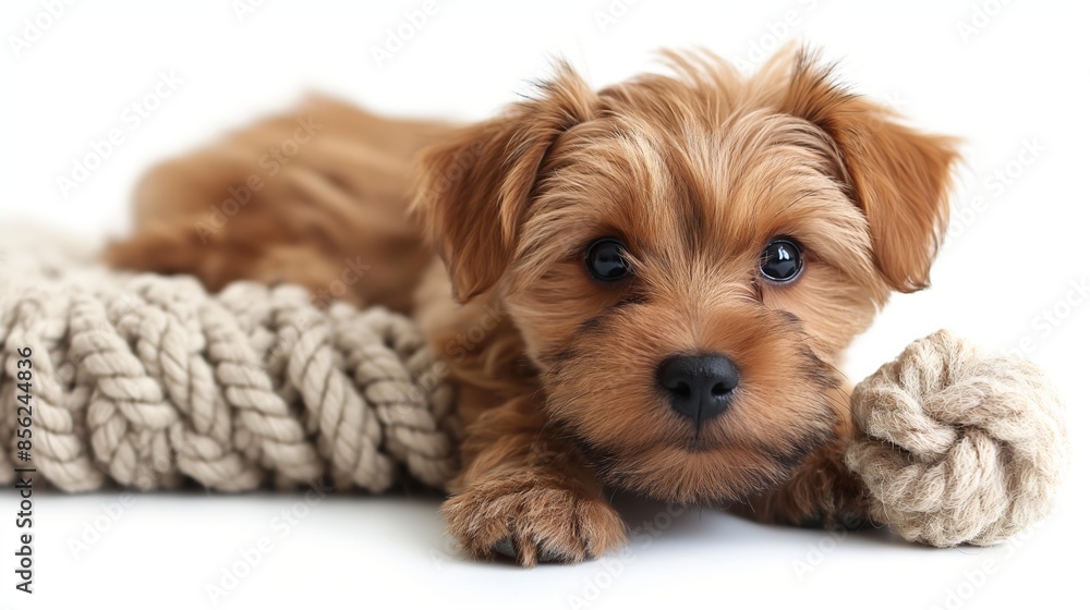 An adorable puppy with big, expressive eyes cuddles with a chunky knit rope toy, exuding cuteness and playfulness. An adorable puppy with big, expressive eyes cuddles with a chunky knit rope toy, exuding cuteness and playfulness.