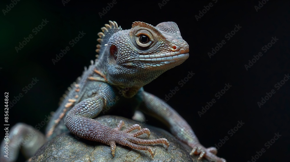 Fototapeta premium An exquisitely detailed tropical lizard perches alertly on a rock, its scaly skin reflecting subtle colors and textures.