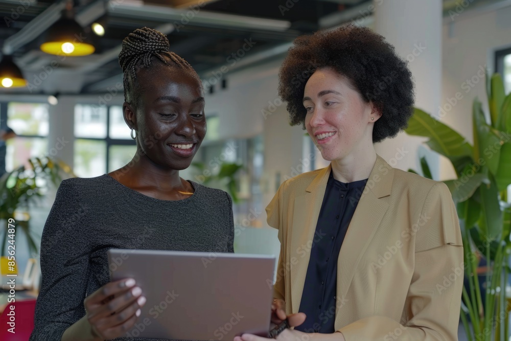 Two businesswomen collaborate on digital tablet in office. Two businesswomen collaborate on digital tablet in office.