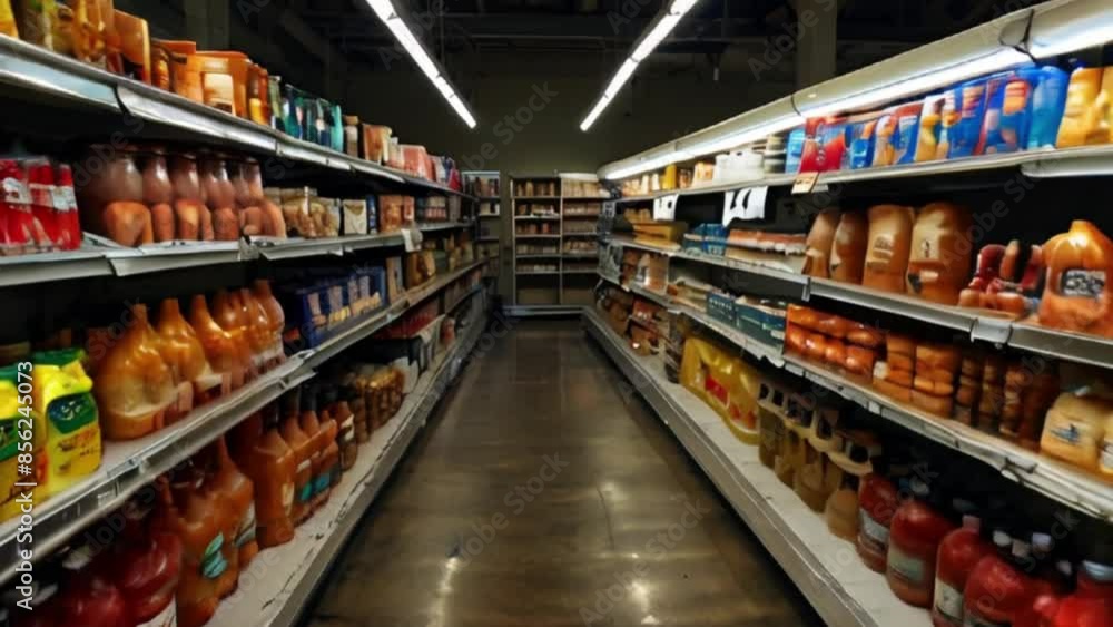 Grocery Store Aisle with Stocked Shelves of Condiments Grocery Store Aisle with Stocked Shelves of Condiments