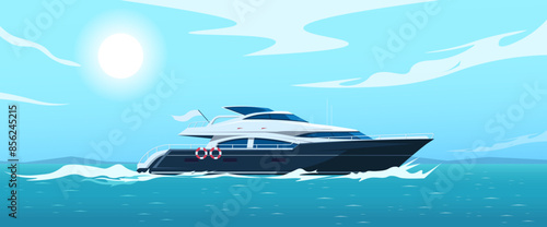 A yacht sailing in the sea under a bright sun, in a flat vector illustration style, on a clear blue sky background. Concept of luxury, travel, and leisure. Vector illustration