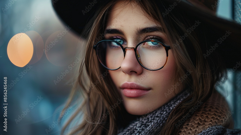A Woman Wearing Glasses and a Hat, Looking Out a Window in the Evening A Woman Wearing Glasses and a Hat, Looking Out a Window in the Evening