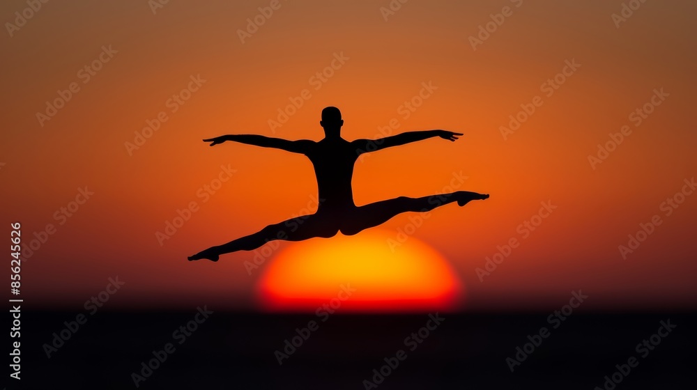 Silhouette of a skilled acrobat, captured in a stunning mid-air pose, with a gradient sunset background, emphasizing the beauty and fluidity of the movement Silhouette of a skilled acrobat, captured in a stunning mid-air pose, with a gradient sunset background, emphasizing the beauty and fluidity of the movement