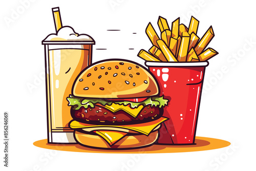 Fast food vector art illustration cartoon vector icon set. Pizza slice, taco, sandwich, roasted turkey, fried egg, french fries, paper cup, hamburger soft drinks generated ai