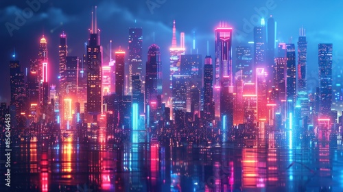 A city skyline with neon lights and a reflection of the city in the water. Scene is vibrant and energetic