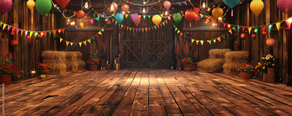 © AI_images - Festa Junina background featuring a rustic barn with colorful paper lanterns hanging from the ceiling, hay bales, and traditional Brazilian decorations, with a backdrop of a wooden dance floor and © AI_images - Festa Junina background featuring a rustic barn with colorful paper lanterns hanging from the ceiling, hay bales, and traditional Brazilian decorations, with a backdrop of a wooden dance floor and