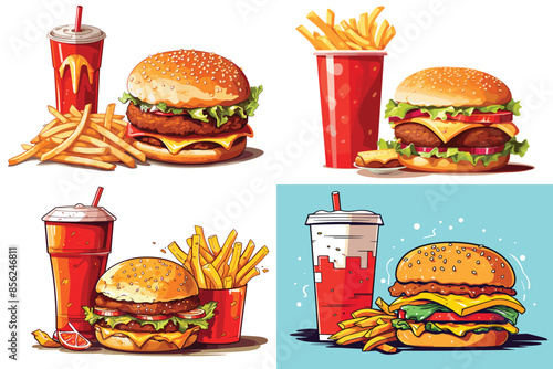 Fast food vector art illustration cartoon vector icon set. Pizza slice, taco, sandwich, roasted turkey, fried egg, french fries, paper cup, hamburger soft drinks generated ai