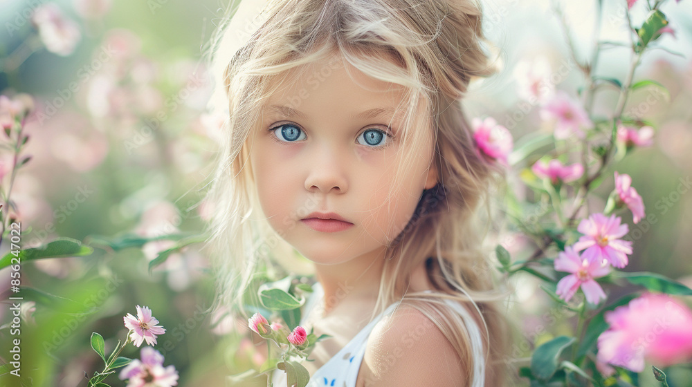 A Young Girl Gazing Through a Field of Delicate Pink Blossoms on a Sunny Spring Day A Young Girl Gazing Through a Field of Delicate Pink Blossoms on a Sunny Spring Day