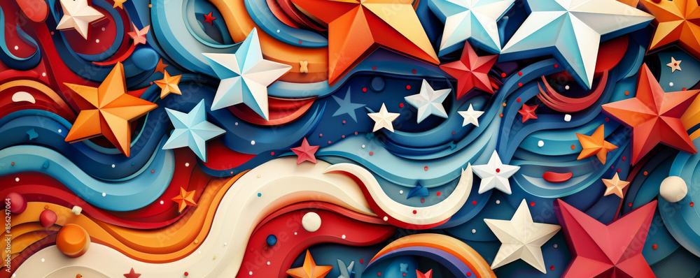 Independence Day USA background with a bold, colorful design featuring abstract stars and patriotic symbols. Independence Day USA background with a bold, colorful design featuring abstract stars and patriotic symbols.
